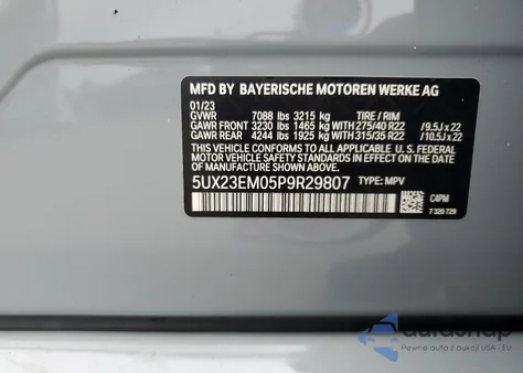 2023 BMW X7 xDrive40I z USA, uszkodzony, nr VIN 5UX23EM05P9R29807